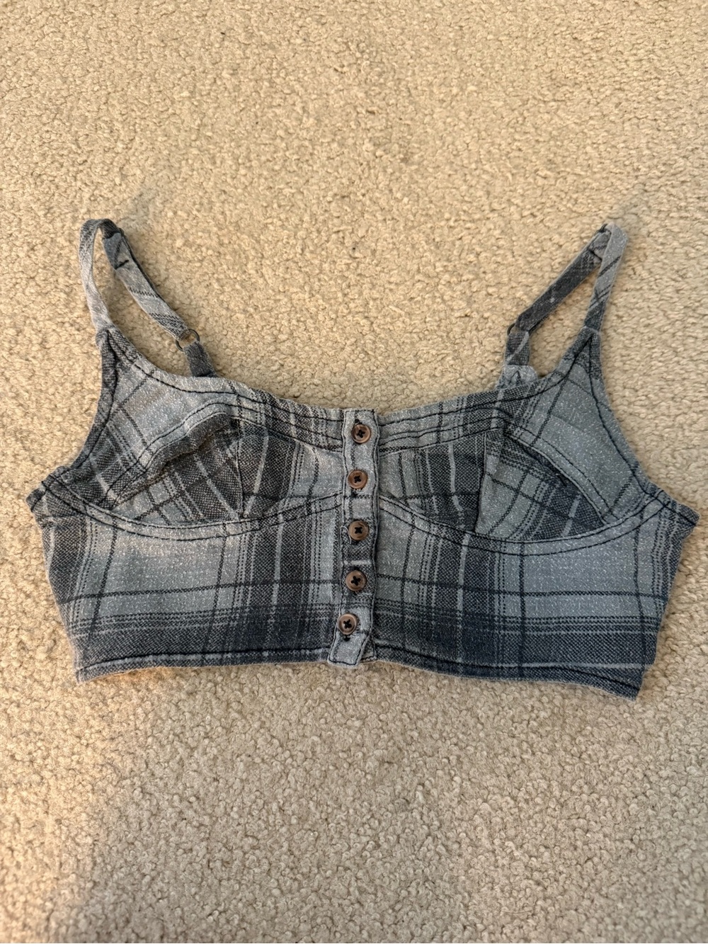 Gray Plaid Button-Front Crop Tank Top